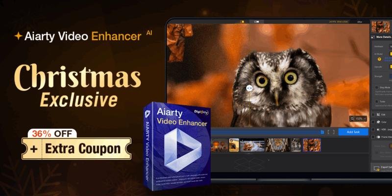 Un banner promocional de Airty Video Enhancer AI muestra una computadora portátil editando un video de un búho con texto adjunto "Navidad limitada"36% de descuento, cupones adicionales y una caja de software Airty Video Enhancer en la recepción.