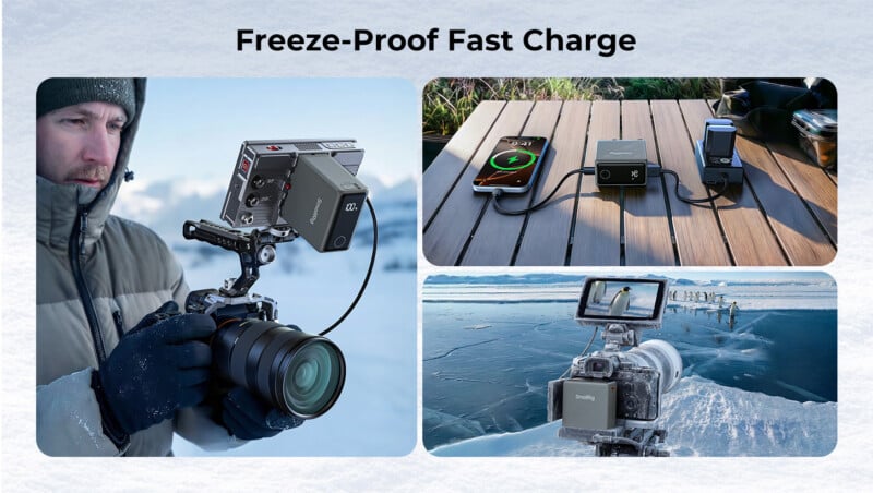 A man uses a camera with an external battery in the snow, a battery charges devices on a wooden surface, and a camera with a battery pack is set up on ice, illustrating freeze-proof fast charging.