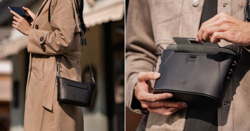 A woman in a tan trench coat carries a black crossbody bag outdoors. In a close-up, hands open the bag, showing its sleek design and smooth leather texture.
