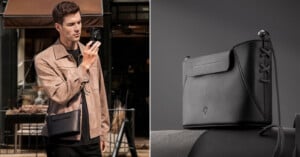 A man wearing a beige jacket carries a black crossbody bag and holds a camera outside; next to him is a close-up of the same black crossbody bag against a dark background.