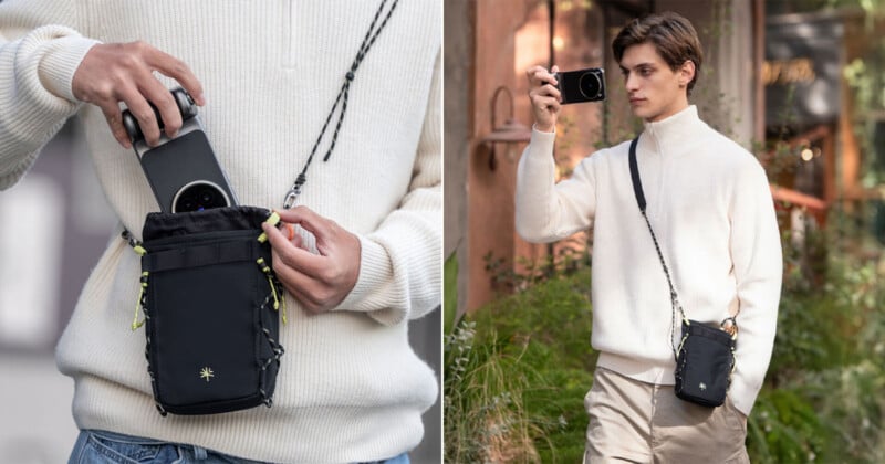 A man in a white sweater uses a small black crossbody bag to carry and access his camera and phone while outdoors. The left image shows a close-up of the bag; the right image shows him wearing it across his body.