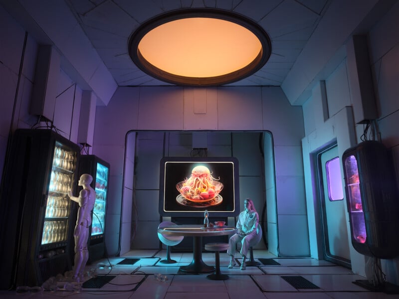 Una habitación futurista iluminada con luces de neón con dos figuras humanoides: una parada junto a un refrigerador que contiene frascos brillantes y la otra sentada en una mesa. Una gran pantalla encima de la mesa muestra un objeto abstracto brillante.