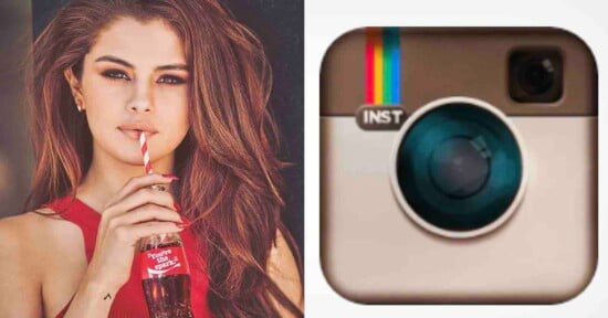 A woman in a red top drinks from a glass Coca-Cola bottle with a striped straw, next to an old Instagram app logo featuring a camera with a rainbow stripe.