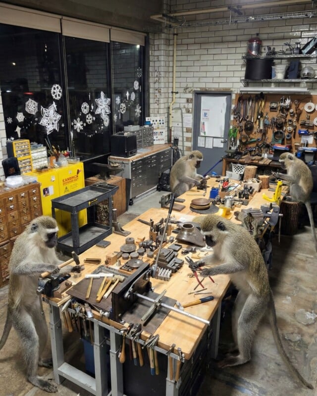 Four monkeys are gathered around a workbench in a workshop filled with tools and equipment, appearing to use the tools as if working on projects. The scene is indoors with snowflake decorations on the window.