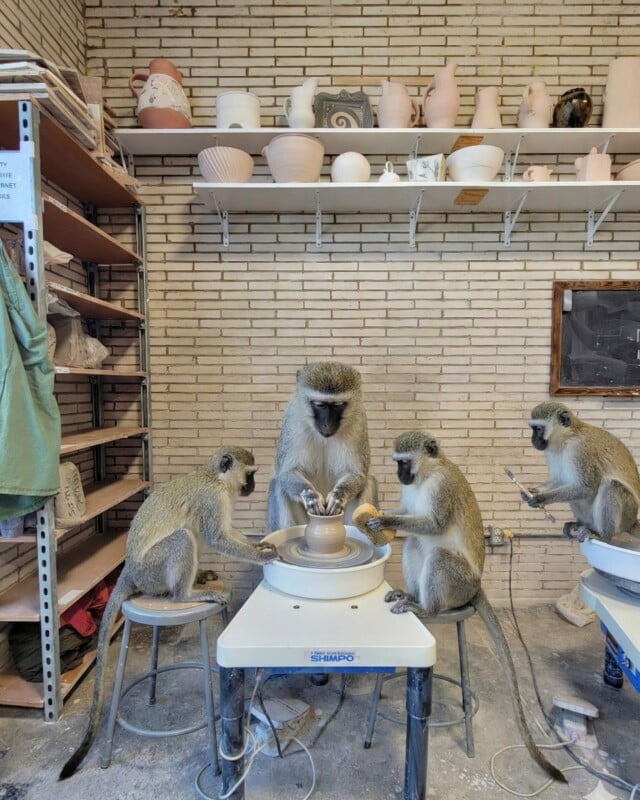 Three monkeys sit around pottery wheels shaping clay pots in a ceramics studio, surrounded by shelves holding finished pottery pieces and tools.