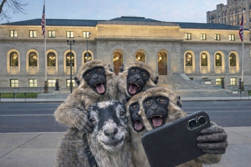 Four monkeys and a goat take a group selfie with a smartphone in front of a large, illuminated, classical-style building with columns and American flags.