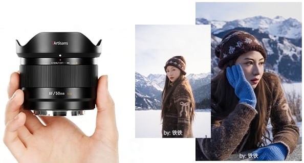 A hand holds an Artisans AF 50mm camera lens. Next to it are two photos of a woman in winter clothing and a knit hat, posing outdoors with snowy mountains in the background.