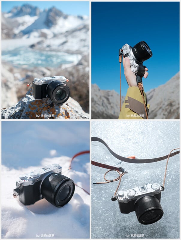  on a rocky surface, held up against a blue sky, resting on snow, and lying on textured ice with its strap arranged loosely around it.