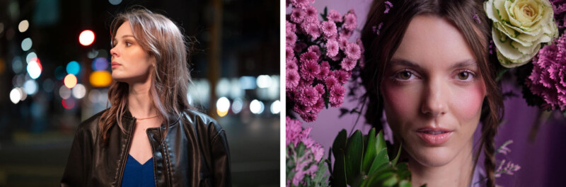 Imagen dividida: a la izquierda, una mujer con cabello castaño claro y una chaqueta negra se encuentra al aire libre por la noche en medio de las borrosas luces de la ciudad. A la derecha, lleva maquillaje en colores pastel y posa frente a flores rosas y verdes.