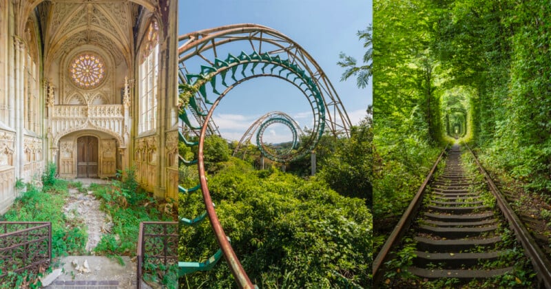 A collage showing: an abandoned ornate chapel with stained glass, a rusty overgrown rollercoaster, and a lush green tunnel of trees over railway tracks.