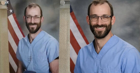 A man with glasses and a beard, wearing light blue scrubs, poses in front of an American flag. The image appears twice, side by side, with slight differences in lighting and quality.