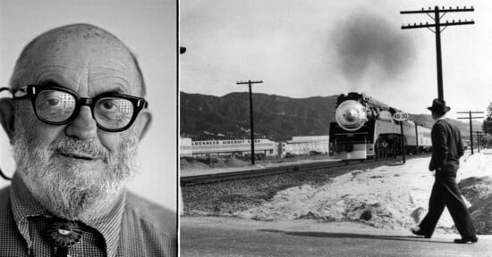 A split image: on the left, a close-up of an elderly man with glasses and a beard; on the right, a steam locomotive approaches as a man in a hat walks near train tracks with mountains in the background.