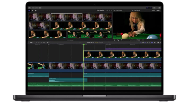 A laptop screen displays video editing software with clips of a child playing billiards. Multiple video and audio tracks are visible, along with editing tools and a preview window showing the child preparing to take a shot.
