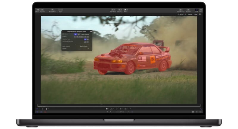 A laptop displaying video editing software with a rally car on a dirt road. The car is highlighted in red, indicating it is being selected or masked in the editing process. Editing tools are visible on the left.