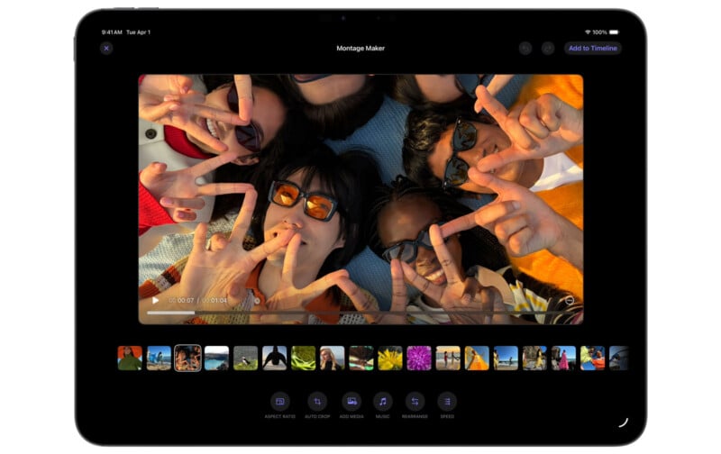 A tablet screen displays a video editing app with a group selfie of six young people lying on a blanket, smiling, and making peace signs while wearing sunglasses. Video thumbnails are shown below the main image.