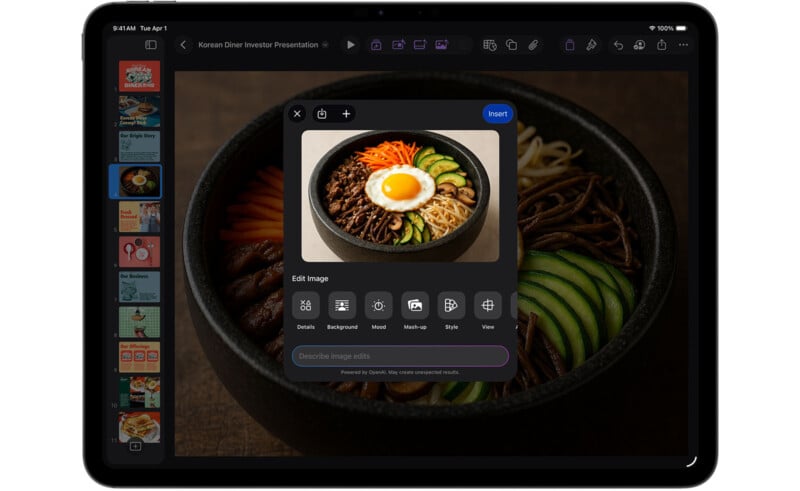 A tablet screen displays an image editing app with a photo of bibimbap—a Korean rice dish topped with vegetables, beef, and a sunny-side-up egg—open for editing. Editing options are visible in a pop-up menu.