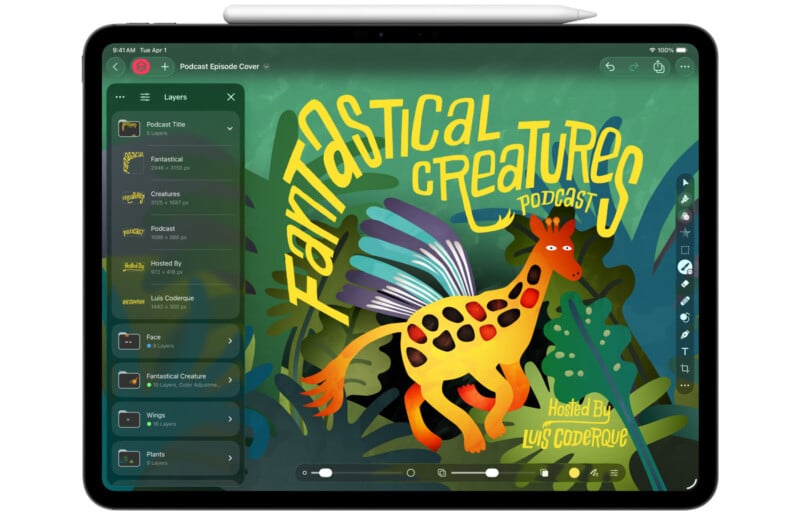 A digital tablet displays colorful artwork for the "Fantastical Creatures Podcast," featuring a whimsical, winged, yellow creature with spots and a long neck in a lush, green jungle background.