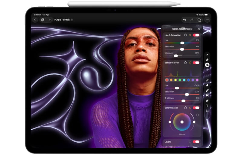 A person with long braids and a purple mesh top is edited on a tablet. The screen shows image editing tools with color adjustments, and the background has glowing purple abstract designs. A stylus rests on top of the tablet.