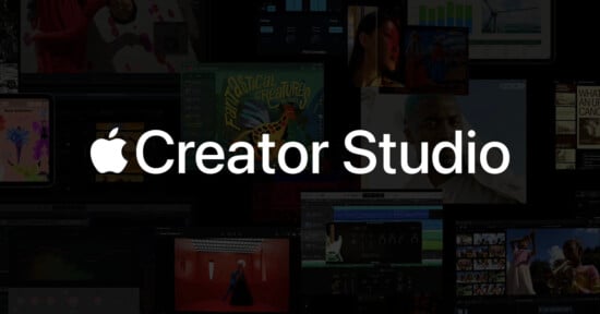 White text reading "Apple Creator Studio" is centered on a dark background featuring a collage of various creative project images, including music, video, and digital artwork thumbnails.