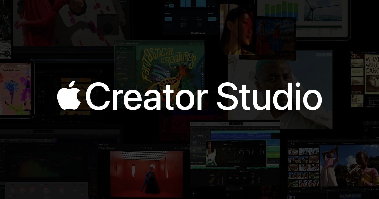 White text reading "Apple Creator Studio" is centered on a dark background featuring a collage of various creative project images, including music, video, and digital artwork thumbnails.