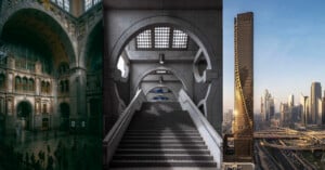 A collage of three architectural scenes: an ornate, dimly lit historic hall; a modern concrete stairway with arched windows; and a futuristic city skyline with a twisting skyscraper and highways.