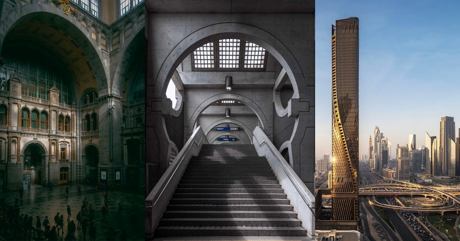 A collage of three architectural scenes: an ornate, dimly lit historic hall; a modern concrete stairway with arched windows; and a futuristic city skyline with a twisting skyscraper and highways.