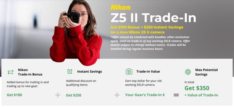 A woman in a red sweater holds a camera to her face. Text promotes a Nikon Z5 II Trade-In offer: Get $100 bonus, $250 instant savings, plus trade-in value for your old DSLR. Total savings example shown as $350+.