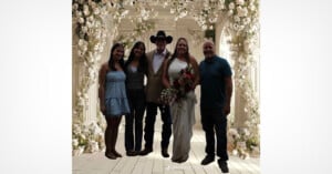 A group of five people, including a bride holding a bouquet and a groom in a cowboy hat, stand together in front of a floral wedding arch with white flowers and columns.