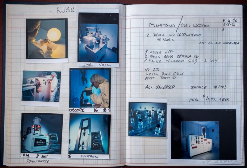 A lab notebook spread with handwritten notes, dates, and attached photos of scientific equipment, lab personnel working, and instruments. The right page details a project called “Mustang/Nusil” with project info and numbers.