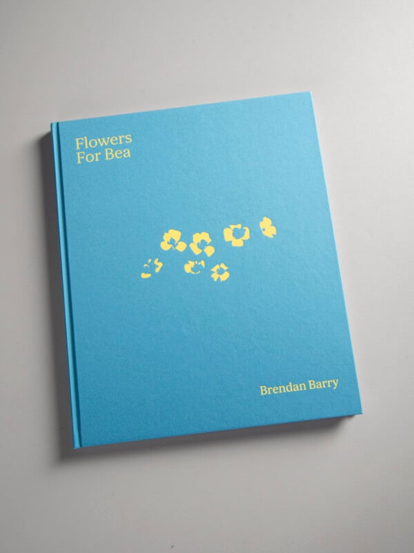 A blue hardcover book titled "Flowers For Bea" by Brendan Barry, featuring simple yellow flower illustrations on the cover.