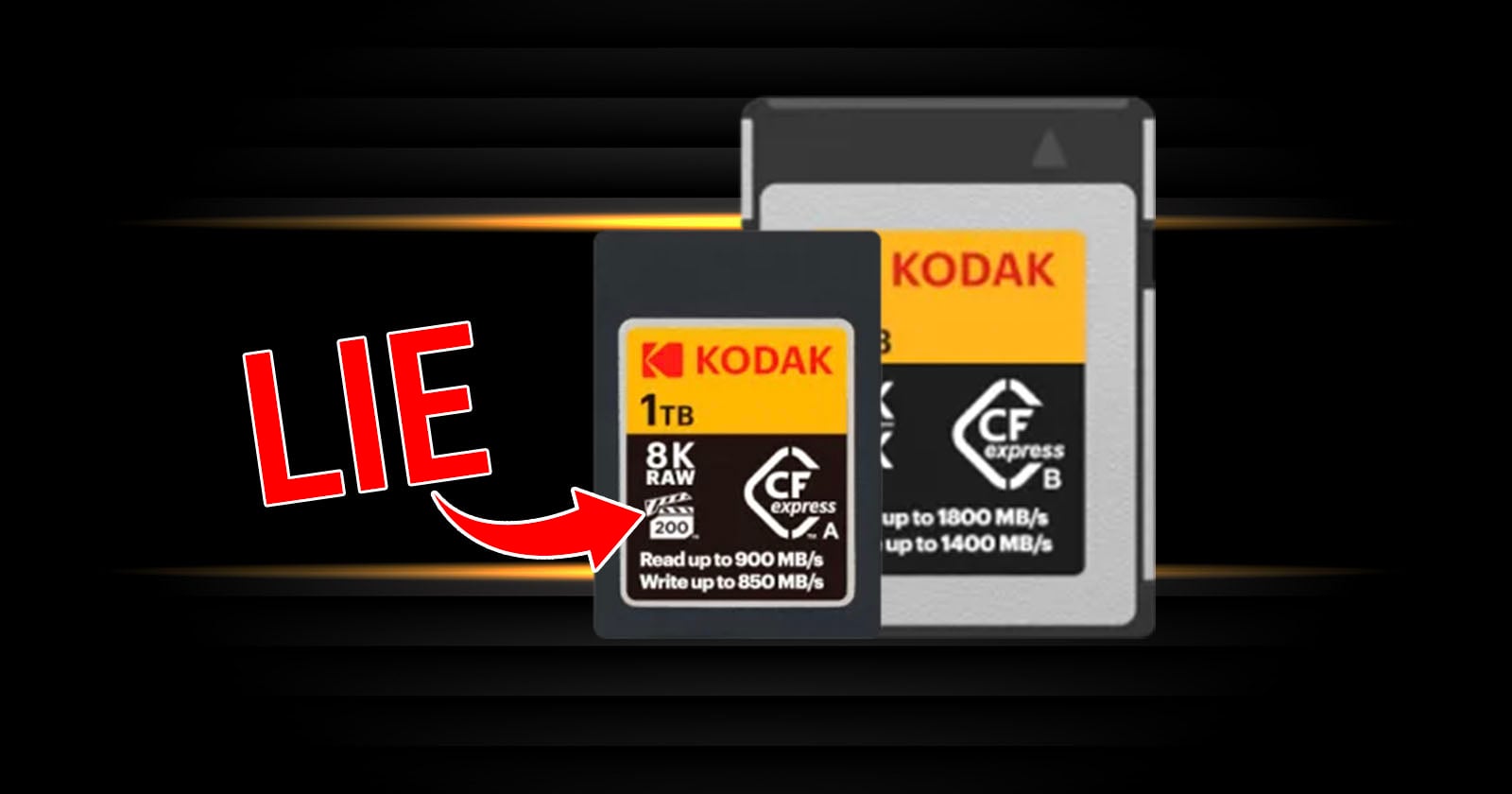 A graphic shows two Kodak CFexpress memory cards with "LIE" in bold red letters and an arrow pointing at one card, highlighting questionable performance claims.