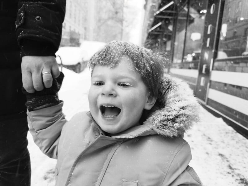 A young child in a winter coat smiles joyfully while holding an adult’s hand in a snowy metropolis avenue. Snow covers the kid's hair and the background, making a full of life winter scene.