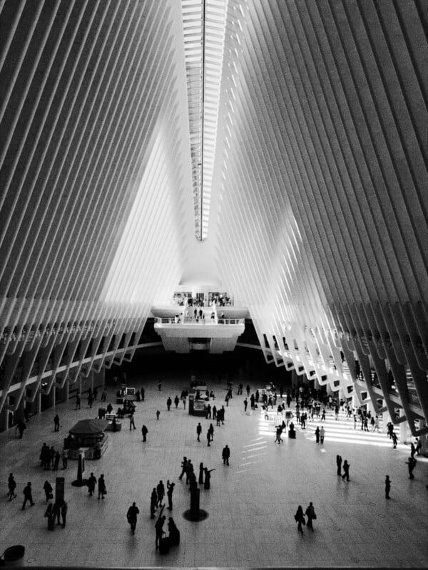 Black and white photo of a spacious, modern hall with high, ribbed ceilings, dramatic lighting, and groups of people walking or standing on the floor below.