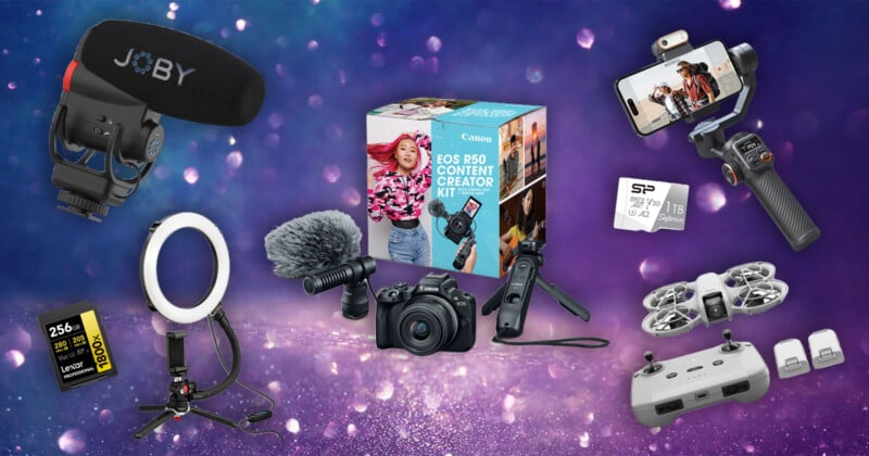 A collection of content creation gear, including a microphone, ring light, SD cards, camera kit, gimbal, smartphone, and drone, displayed against a glittery purple background.
