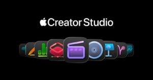 Apple Creator Studio logo is displayed above a row of colorful app icons on a black background, each icon representing different creative tools or media categories.