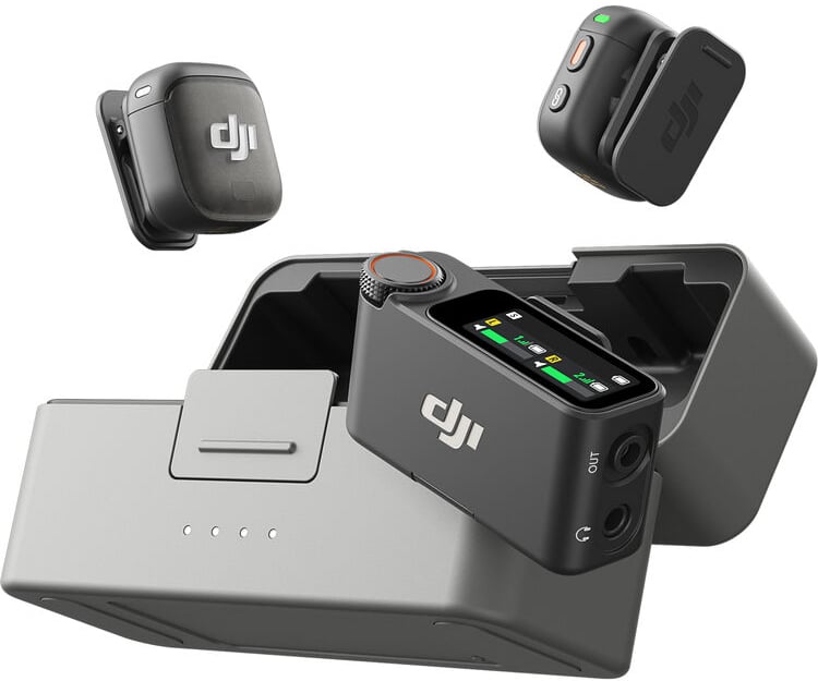 DJI wireless microphone system with two transmitters, a compact receiver with display and buttons, and a charging case, all in black with DJI logo.