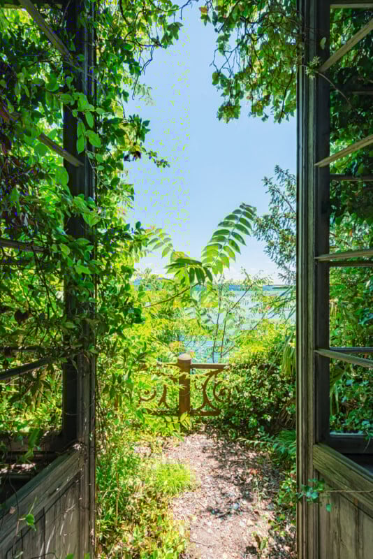 View through an open doorway framed with lush green vines, looking out onto a sunlit garden path and a distant body of water under a clear blue sky.