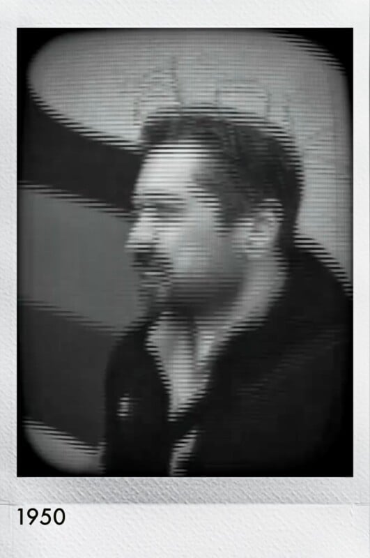 Black and white, distorted, retro-style photo of a man with short hair and facial hair, wearing a dark jacket, standing sideways in front of a blurred backdrop. The frame says “1950” at the bottom.