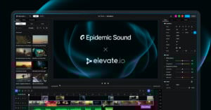 A video editing software interface displays an Epidemic Sound and elevate.io collaboration screen, with clips and soundtracks in the timeline and various editing tools on the sides.