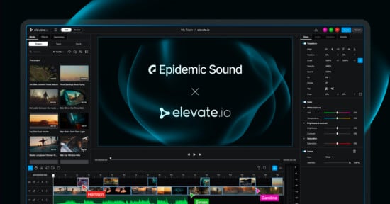 A video editing software interface displays an Epidemic Sound and elevate.io collaboration screen, with clips and soundtracks in the timeline and various editing tools on the sides.
