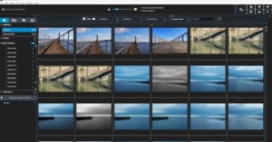 A computer screen displays a photo management software with a grid of dock and water landscape images, showing photo thumbnails, folders, and search options in the interface.