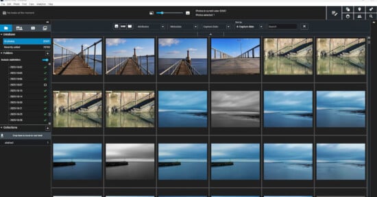 A computer screen displays a photo management software with a grid of dock and water landscape images, showing photo thumbnails, folders, and search options in the interface.