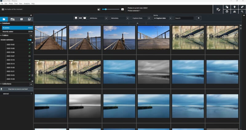 A computer screen displays a photo management software with a grid of dock and water landscape images, showing photo thumbnails, folders, and search options in the interface.