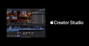 A tablet displays a video editing application with multiple video tracks and clips. To the right, the Apple logo appears next to the words "Creator Studio" on a black background.