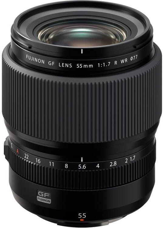 A Fujinon GF 55mm f/1.7 R WR camera lens with a ribbed focus ring, aperture markings, and a 77mm filter thread, designed for medium format Fujifilm cameras.