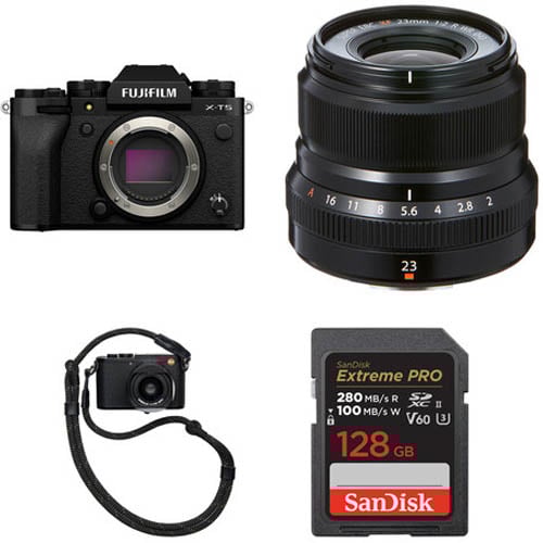 A Fujifilm X-T5 camera body, a Fujinon lens, a compact camera with a wrist strap, and a 128GB SanDisk Extreme Pro SD memory card are displayed on a white background.