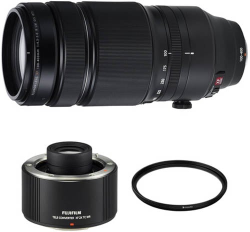 A Fujifilm telephoto camera lens, a Fujifilm tele converter, and a circular lens filter are displayed against a white background.