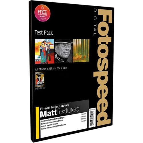 A pack of Fotospeed Digital FineArt Inkjet Papers, Matt Textured Test Pack, size A4 (210mm x 297mm). The black packaging features images of artwork and details of included paper types and weights.