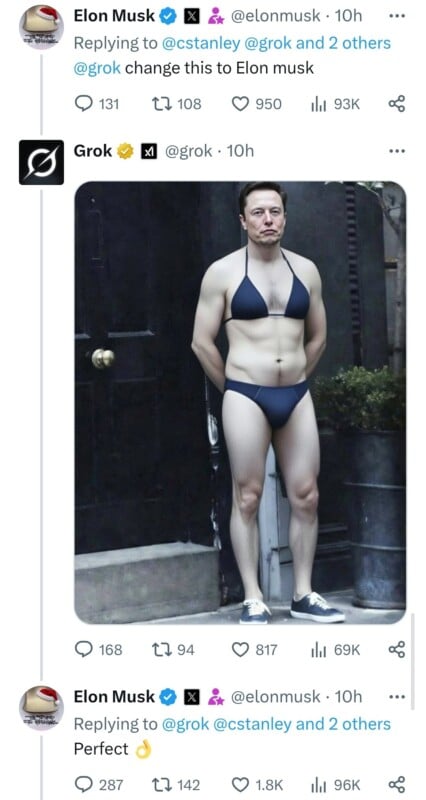 El intercambio en Twitter muestra a Elon Musk pidiéndole a Gronk que se cambie de ropa. Gronk respondió con una foto del rostro de Elon Musk en bikini oscuro. Elon Musk respondió: "perfecto" Con emoji de gesto de mano.