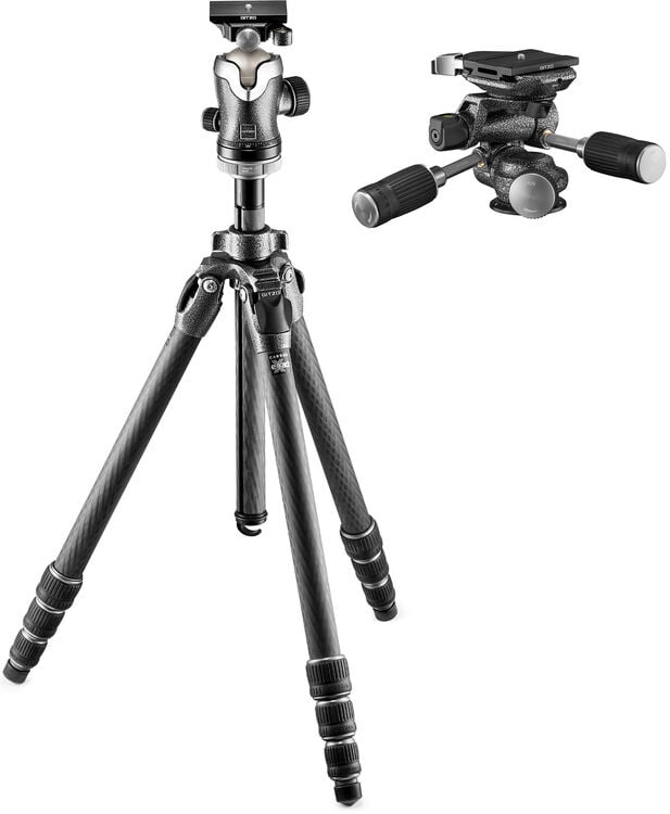 A black carbon fiber tripod with adjustable legs and a ball head mount, shown extended. In the upper right corner, there is a close-up of an additional tripod head with two control handles.
